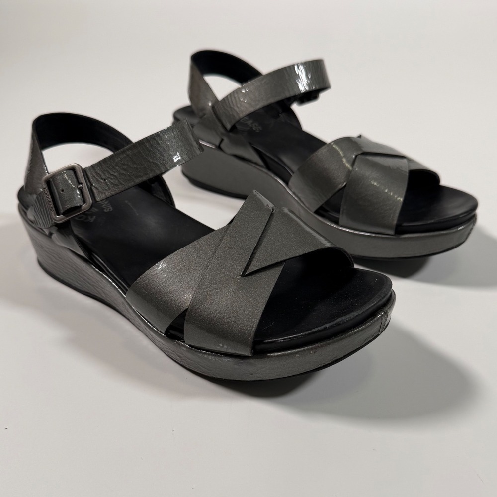 Kork-Ease Metallic Pewter Grey Platform Wedge Sandals Minimalist Womens Size 9